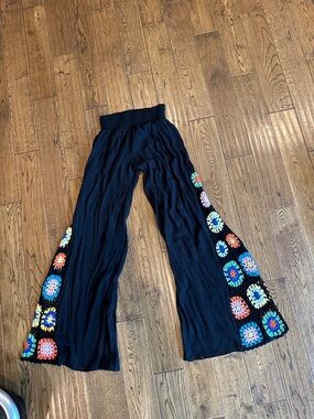 Elan Black Wide-Leg Pants with Colorful Crochet Panels small